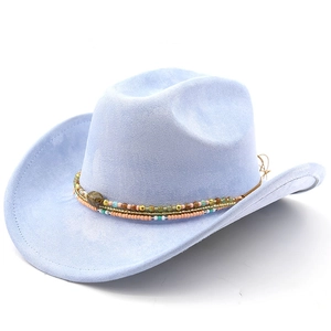 Detail of light blue faux suede cowboy hat with colorful beads and bohemian ethnic band