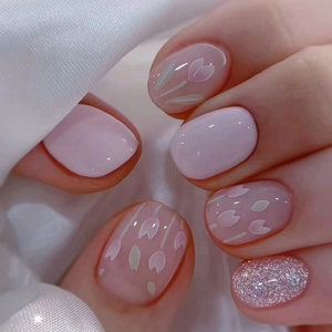 Purple Tulip Press On Nails ABS Plastic Short Round False Nails With Glue Glitter Floral Hand Painted Manicure Women
