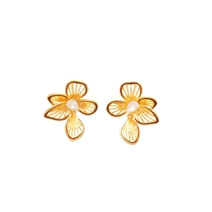 Elegant gold-plated flower stud earrings with zircon crystals in a minimalist floral design