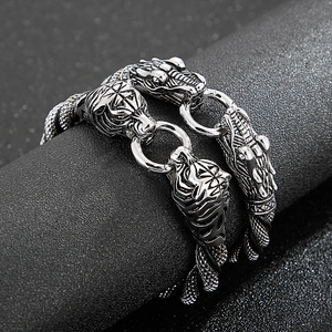 Punk style men's stainless steel bracelet featuring tiger and dragon head totems