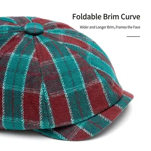 Plaid newsboy hat in burgundy and cyan featuring wide foldable brim for face slimming
