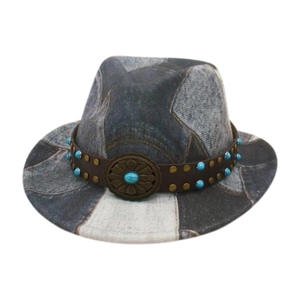 Kids Fedora Jazz Hat Western Cowboy Denim Patchwork With Leather Band Turquoise Beads Floral Concho Buckle For Children