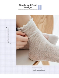 Close-up of white lace mesh socks featuring breathable floral patterns and ruffled cuffs