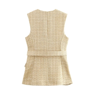 Women's sleeveless tweed vest with single-breasted buttons and matching belt back view