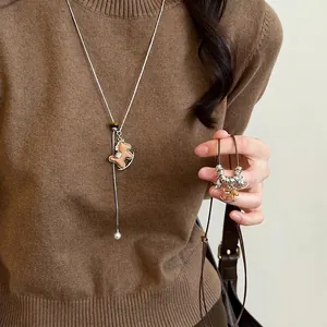 Retro Wood Horse Pendant Necklace Long Sweater Chain Silver Color Copper Jewelry With Faux Artificial Pearl And Star For Women