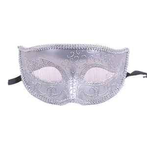 Silver vintage masquerade mask with hollow floral patterns and glitter finish