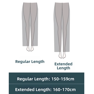 Detailed size guide showing regular and extended lengths for grey high-waist yoga pants
