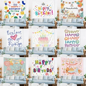 Collage of nine different festive birthday wall tapestries with English greetings