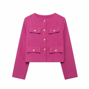 Detail of rose red tweed fabric texture and gold buttons on round neck jacket