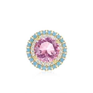 Close-up of S925 silver stud earring with pink stone and turquoise beads detail