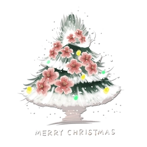 Pink cherry blossom Christmas tree window sticker with Merry Christmas greeting text