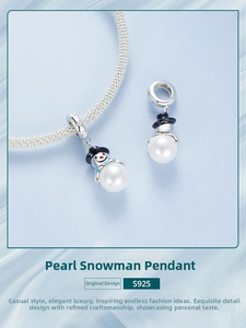Detailed view of S925 silver snowman pendant with round pearls on a textured blue background