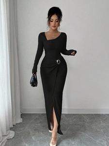 Elegant black long-sleeve knit dress with asymmetrical neck, silver buckle, and side slit