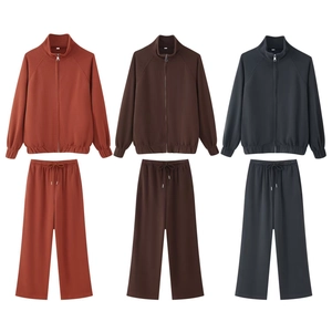 Damen Sweatshirt Mit Reißverschluss Und Weite Hose Polyester Strick Stehkragen Langarm Lässige Herbstmode