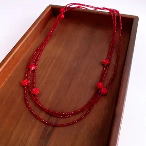 Retro multi-layer long necklace with red faceted beads and 3D rose flower charms