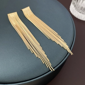 Elegant Long Tassel Earrings With Silver Earring Post Copper Gold Plated Stepped Snake Chain Geometric For Women