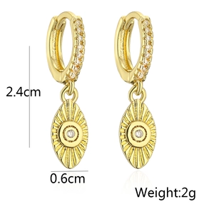 Detail showing dimensions and 2g weight of 18K gold plated zircon eye charm earrings