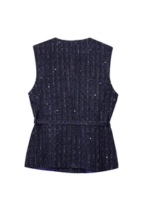 Back view of navy tweed vest with silver sequins and matching waist belt detail