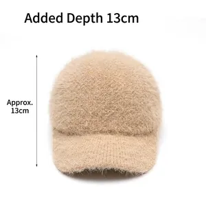 Winter faux fur knit baseball cap in beige featuring fuzzy texture and 13cm depth
