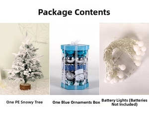Mini PE flocked Christmas tree set with blue ornaments and LED string lights pack