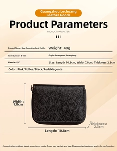 Detailed size specifications for the black accordion card holder with litchi grain PVC