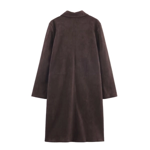 Detail view of the back seams and suede texture on this brown mid-length coat