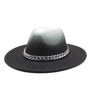 Classic Fedora hat with black and white gradient ombre felt and silver metal chain link