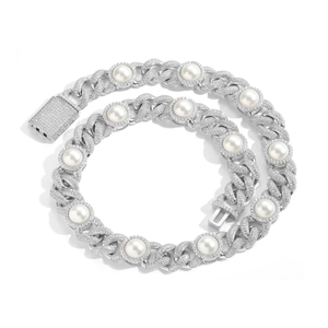 15mm silver iced-out Cuban link chain with round pearls and a crystal square clasp