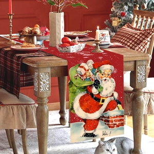 Christmas table runner with vintage Santa Claus pattern on red polyester fabric