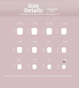 Size chart for short square press-on nails featuring 12 sizes and 24 pieces in total