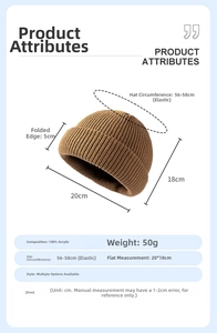 Detail view of acrylic knit beanie showing 20x18cm dimensions and stretchy 56-58cm fit