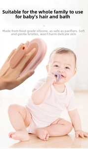 Detailed macro view of flexible food-grade silicone baby bath brush in pink color