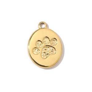Detail of oval gold titanium steel pendant featuring an embossed pet paw print design