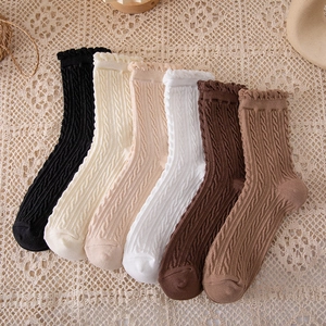 Women's Cable Knit Slouch Socks Retro Ruffle Edge Lettuce Trim Mid Calf Crew Ankle Socks Cotton Blend Breathable Casual Hosiery