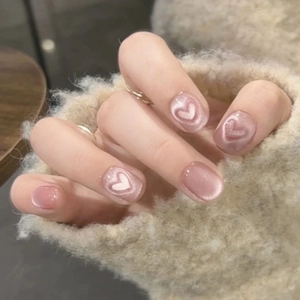 Handmade Pink Cat Eye Press On Nails Sweet 3D Heart Design UV Gel Reusable Artificial Nails For Women Daily Manicure