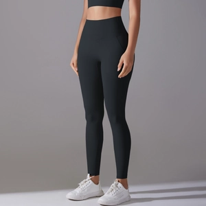 Side view of high-waisted black yoga leggings with seamless design and butt-lifting effect