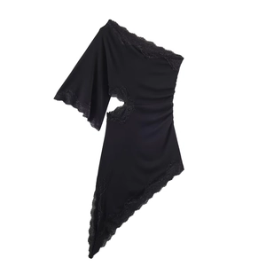 Robe Midi Asymétrique À Une Épaule Bordure En Dentelle Taille Évidée Élastique Sans Manches Party Bodycon Femmes