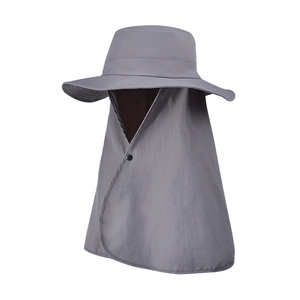 Deep grey outdoor sun hat with wide brim and neck flap for UV protection on white background