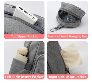 Gray water-resistant backpack details showing tissue pocket and detachable pouch