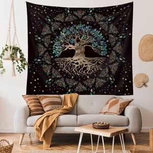 Detailed Tree of Life tapestry with golden trunk and teal leaves over a living room sofa