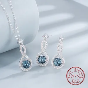 Set Gioielli in Argento Sterling 925 Simbolo Infinito Donna Collana Con Pendente a Strass Tondo Blu Mare e Orecchini