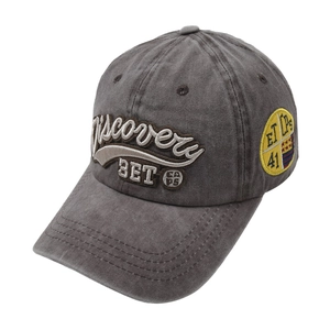 Vintage dark gray washed baseball cap with Discovery BET embroidery and retro patch