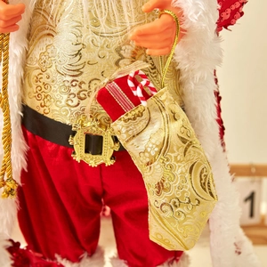 Standing Santa figurine in red velvet with gold embroidery detail and gift bag