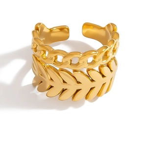 Irregular double-layer titanium steel open ring with Cuban chain and olive leaf pattern