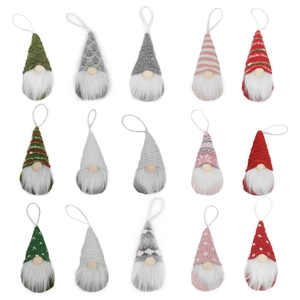 Detailed set of 15 colorful knitted Christmas gnomes with hanging strings for decor
