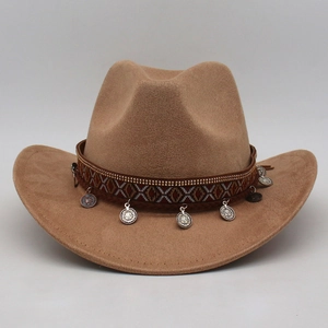 Detail of camel felt cowboy hat featuring ethnic woven band and vintage silver coins