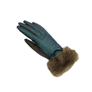 Gants d'hiver thermiques verts avec bordure en fausse fourrure brune et écran tactile