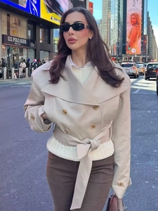Women Short Trench Coat Jacket Double Breasted With Belt Lapel Long Sleeve Polyester Solid Chic Streetwear