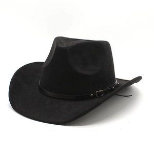 Classic black felt cowboy hat with wide brim and leather band with gold buckle accessory