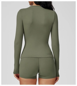 Back view of army green long sleeve yoga top and high waist shorts set for fitness